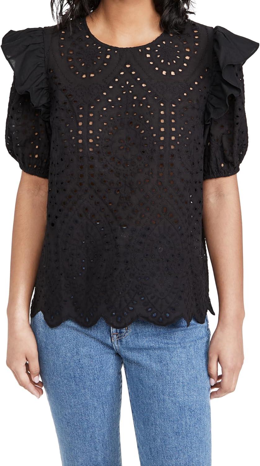 imageEnglish Factory Womens Ruffle Sleeve Eyelet TopBlack