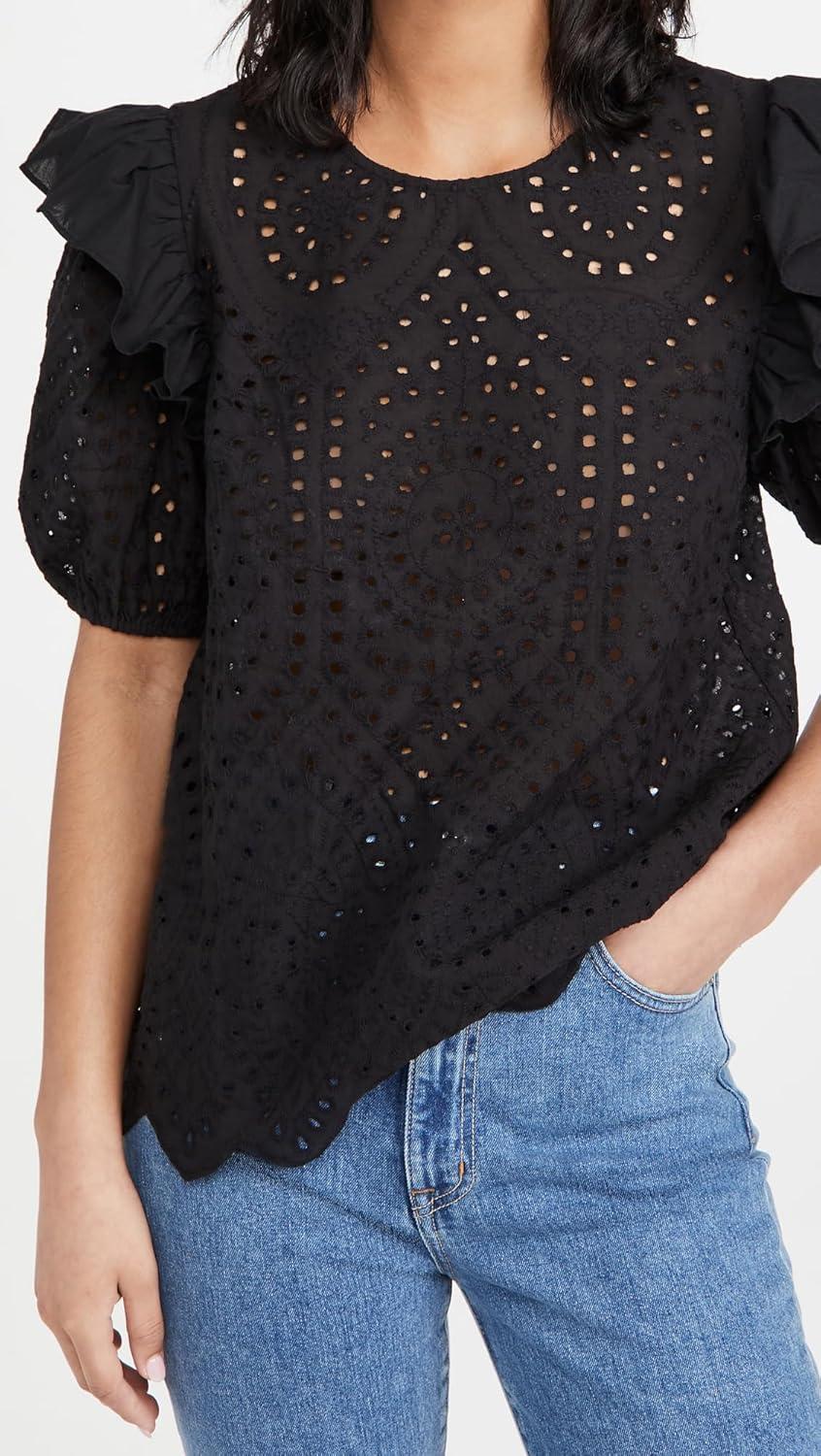 imageEnglish Factory Womens Ruffle Sleeve Eyelet TopBlack