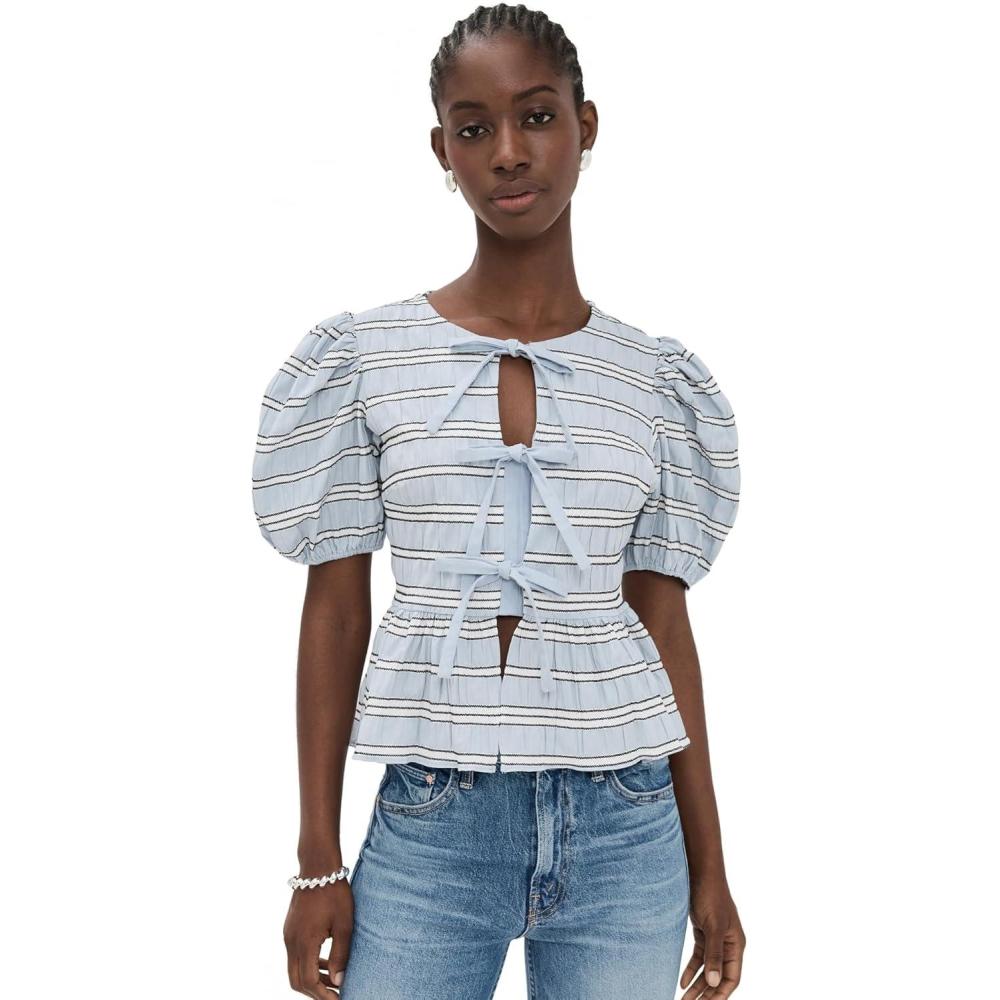 imageEnglish Factory Womens Bow Detailed Puff Sleeve TopPowder Blue Multi