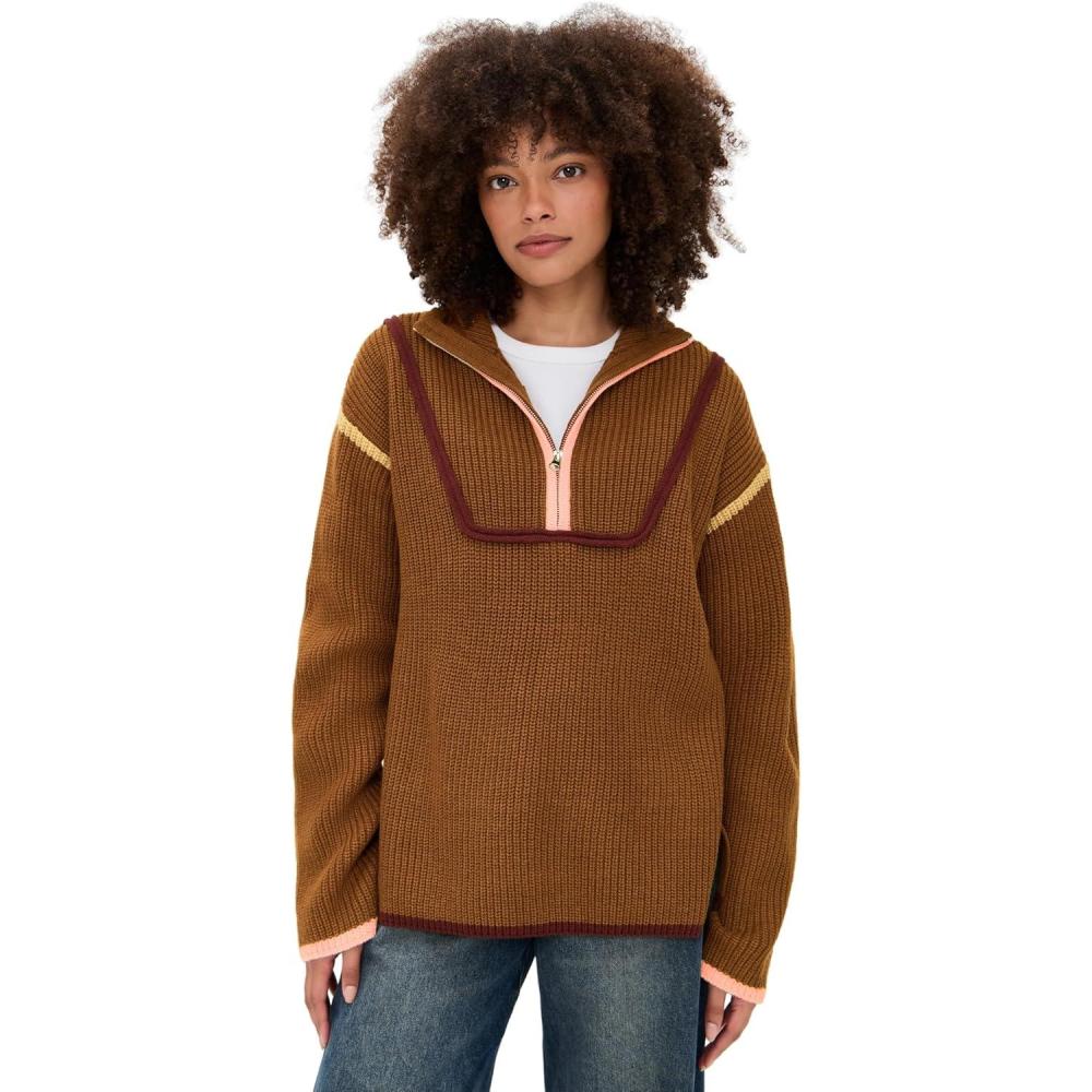 imageEnglish Factory Womens Contrast Piping Quarter Zip SweaterMocha Multi