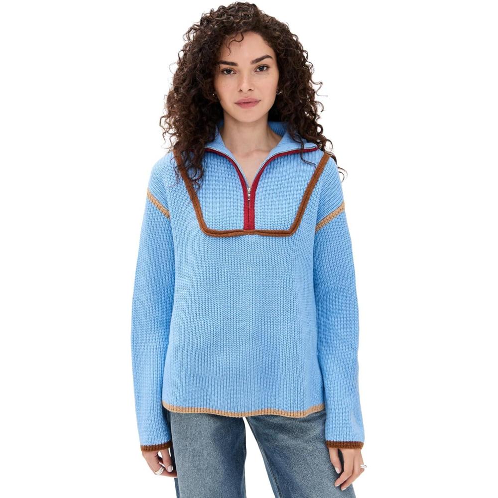 imageEnglish Factory Womens Contrast Piping Quarter Zip SweaterOcean Blue Multi