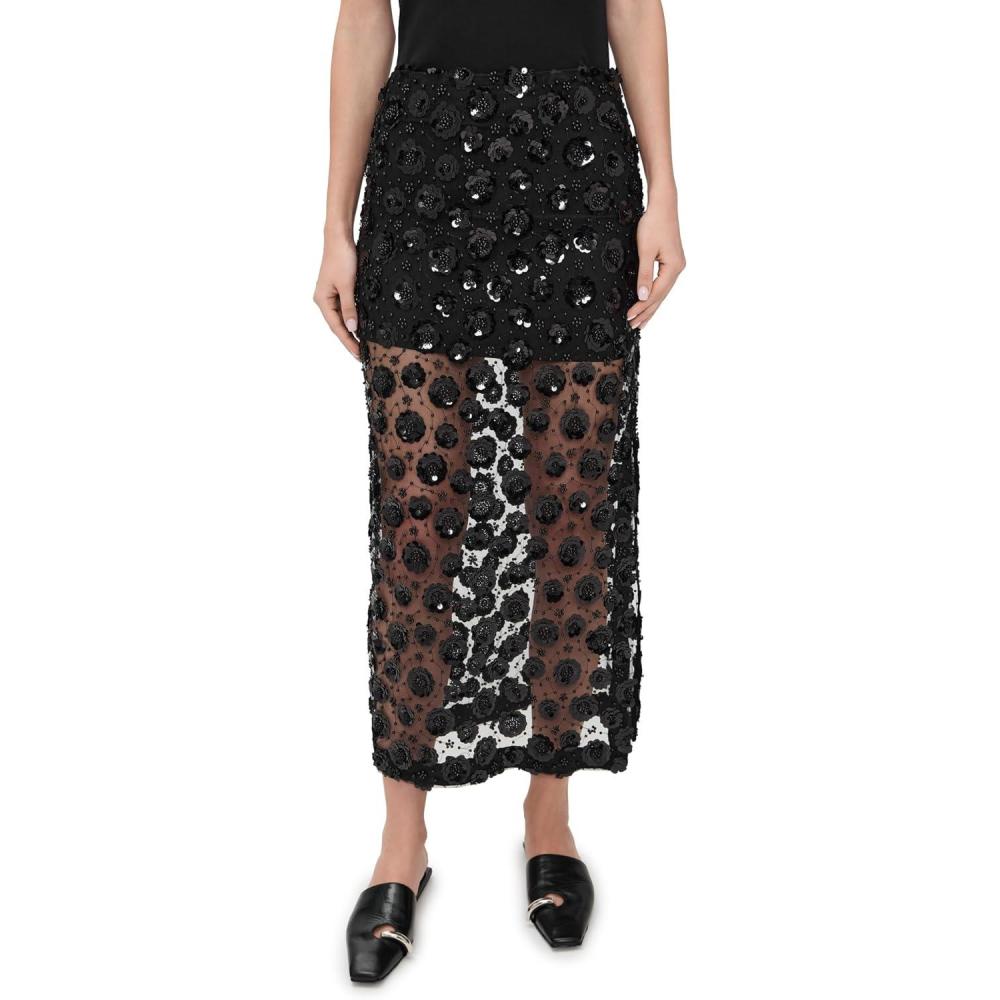 imageEnglish Factory Womens Flower Sequin Sheer Midi SkirtBlack
