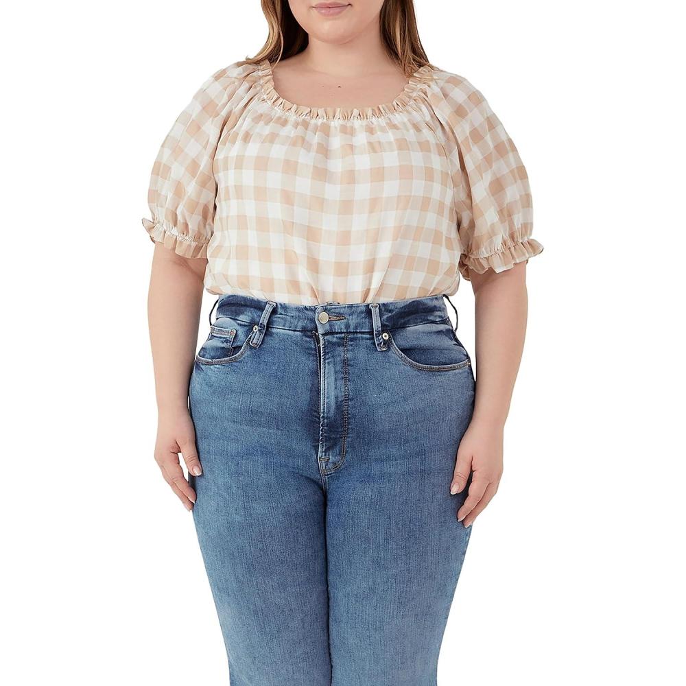 imageEnglish Factory Womens Gingham Top with Short Puff Sleeves Khaki