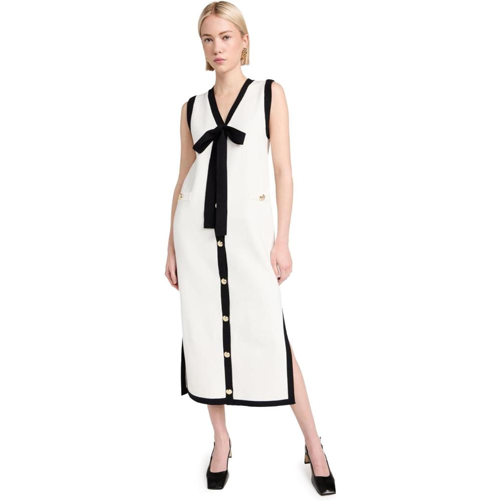 imageEnglish Factory Womens Knit Midi Dress with Ribbon TieCreamBlack