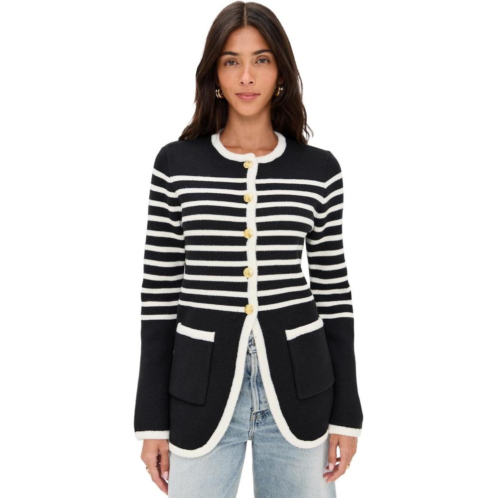 imageEnglish Factory Womens Knit Striped Sweater CardiganBlackCream