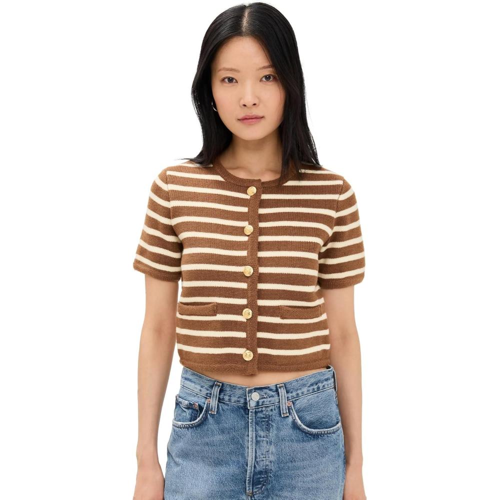 imageEnglish Factory Womens Knit Striped Sweater CardiganTanWhite