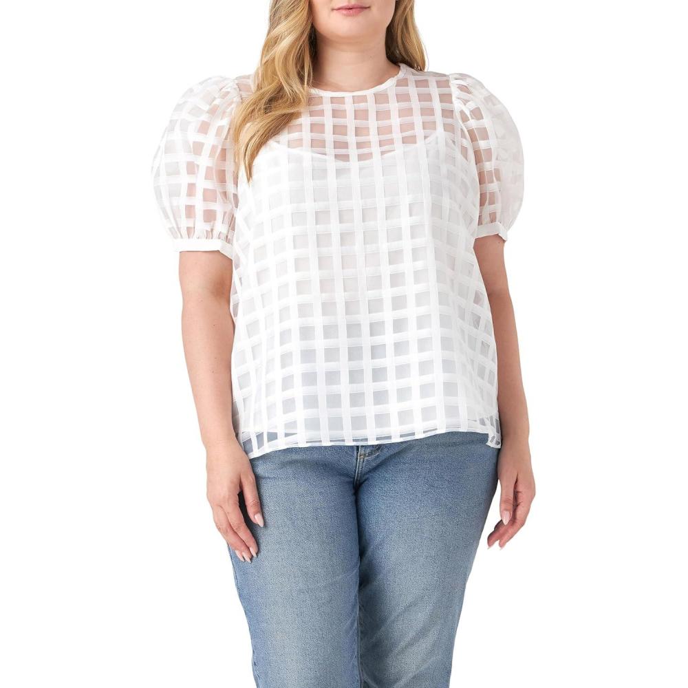 imageEnglish Factory Womens Plaid See Through Top White 1X