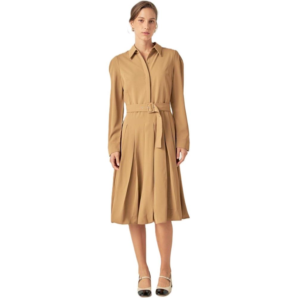 imageEnglish Factory Womens Pleated Collared Long Sleeve Midi DressCamel