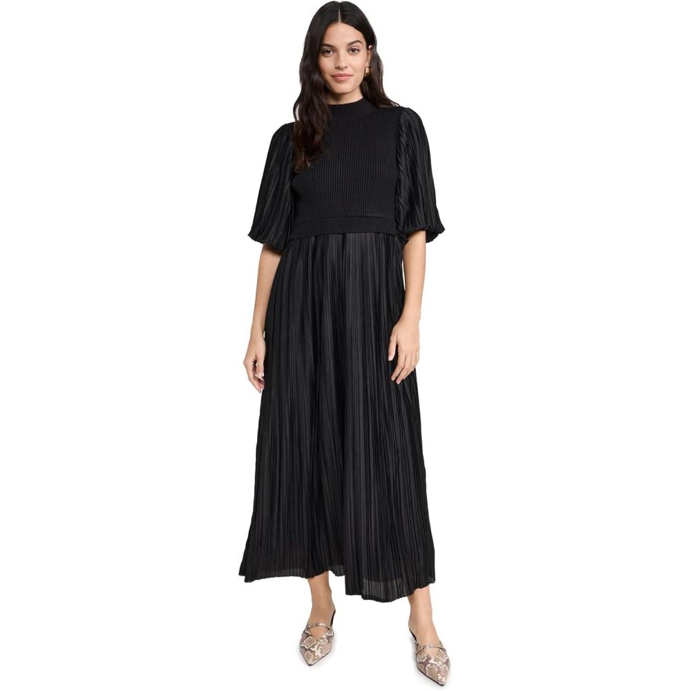 imageEnglish Factory Womens Pleated Mix Media Maxi DressBlack