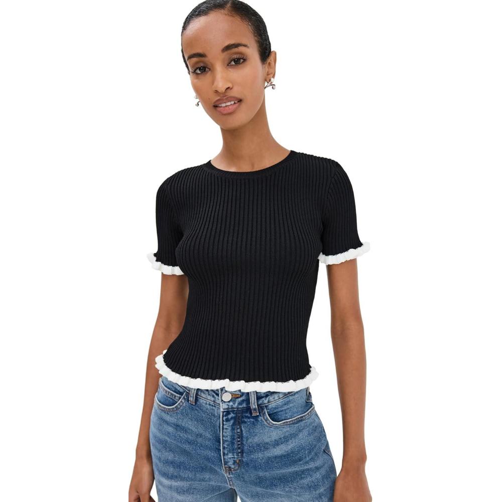 imageEnglish Factory Womens Ruffle Detailed Knit TopBlackWhite