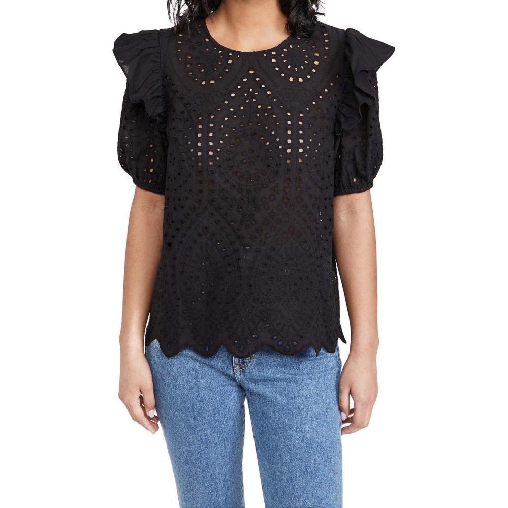 imageEnglish Factory Womens Ruffle Sleeve Eyelet TopBlack