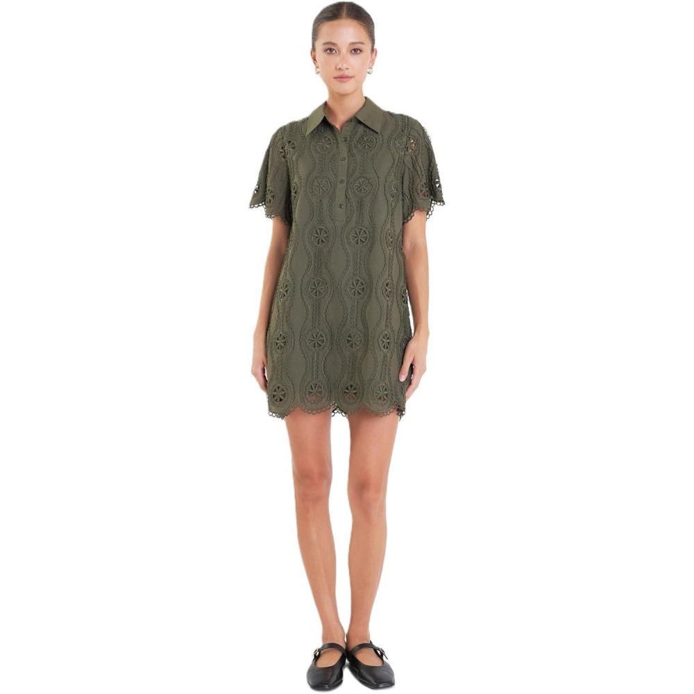imageEnglish Factory Womens Scallop Embroidered Cotton Mini Shirt DressGreen