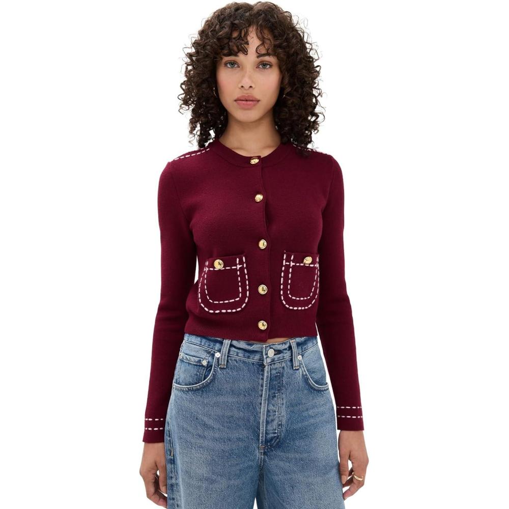 imageEnglish Factory Womens Stitch Detail Puff Sleeve CardiganBurgundyPink