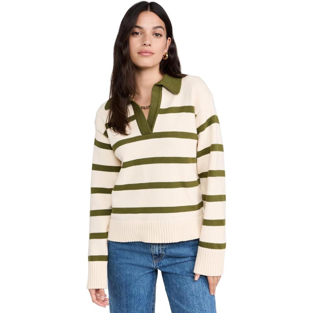 imageEnglish Factory Womens Striped Collared SweaterCreamOlive
