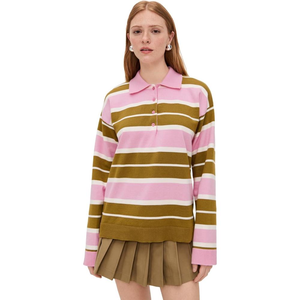 imageEnglish Factory Womens Striped Polo Knit ShirtPistachioPink