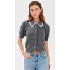 English Factory Women’s Lace Trimmed Puff Sleeve Knit Cardigan(Heather Grey)