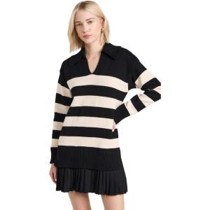 English Factory Mixed Media Stripe Pleated Mini Dress(Black/Nude)