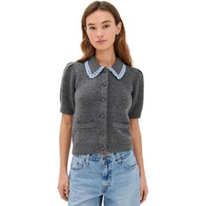 English Factory Women’s Lace Trimmed Puff Sleeve Knit Cardigan(Heather Grey)