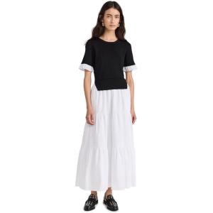 English Factory Women’s Mixed Media Short Sleeve Maxi Dress(Black/Ivory)