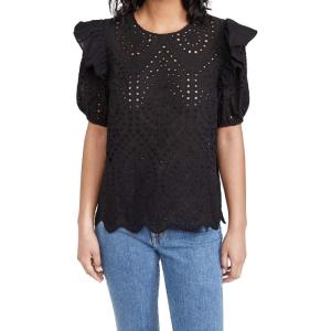 English Factory Women’s Ruffle Sleeve Eyelet Top(Black)