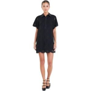 English Factory Women’s Scallop Embroidered Cotton Mini Shirt Dress(Black)