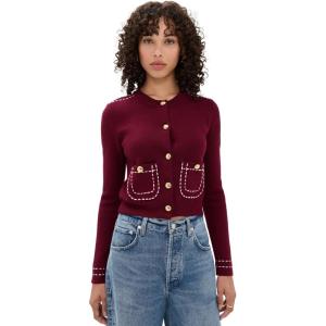 English Factory Women’s Stitch Detail Puff Sleeve Cardigan(Burgundy/Pink)
