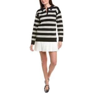 English Factory Womens Stripe Polo Mixed Media Mini Dress, M, Black