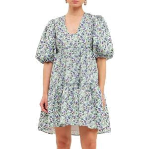 endless rose Women’s Floral Puff Sleeve Jacquard High Low Dress(White/Purple)