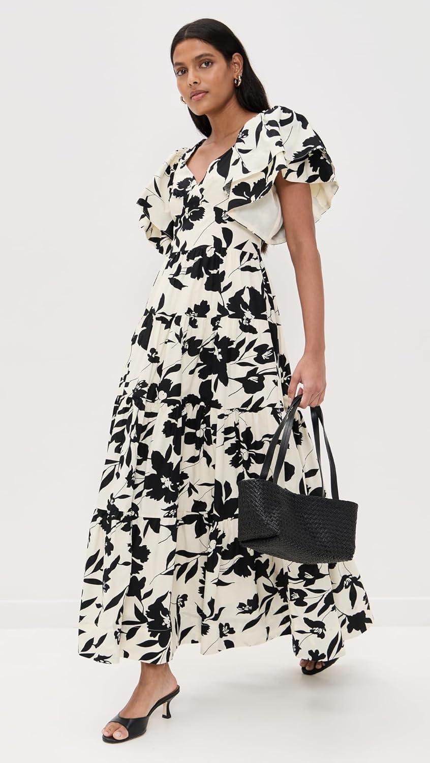 image:imageEnglish Factory Womens Print Dramatic Bubble Sleeves Maxi DressWhiteBlack