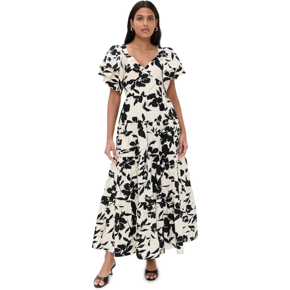 image:imageEnglish Factory Womens Print Dramatic Bubble Sleeves Maxi DressWhiteBlack