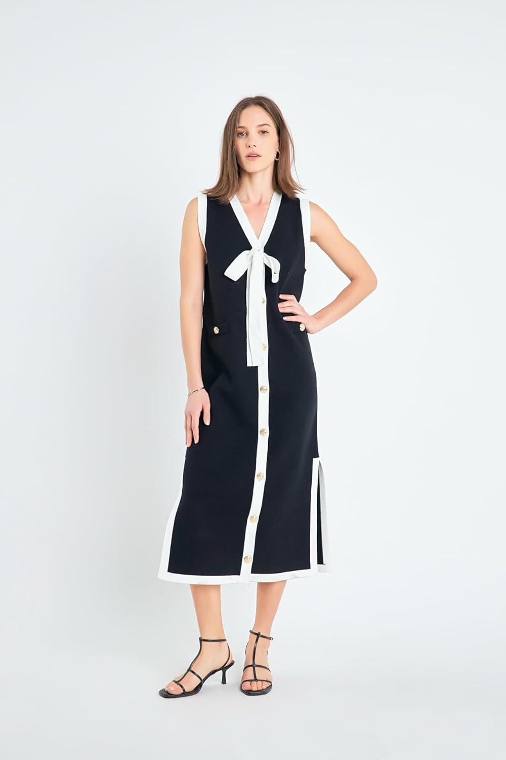 image:imageEnglish Factory Womens Knit Midi Dress with Ribbon TieBlackCream