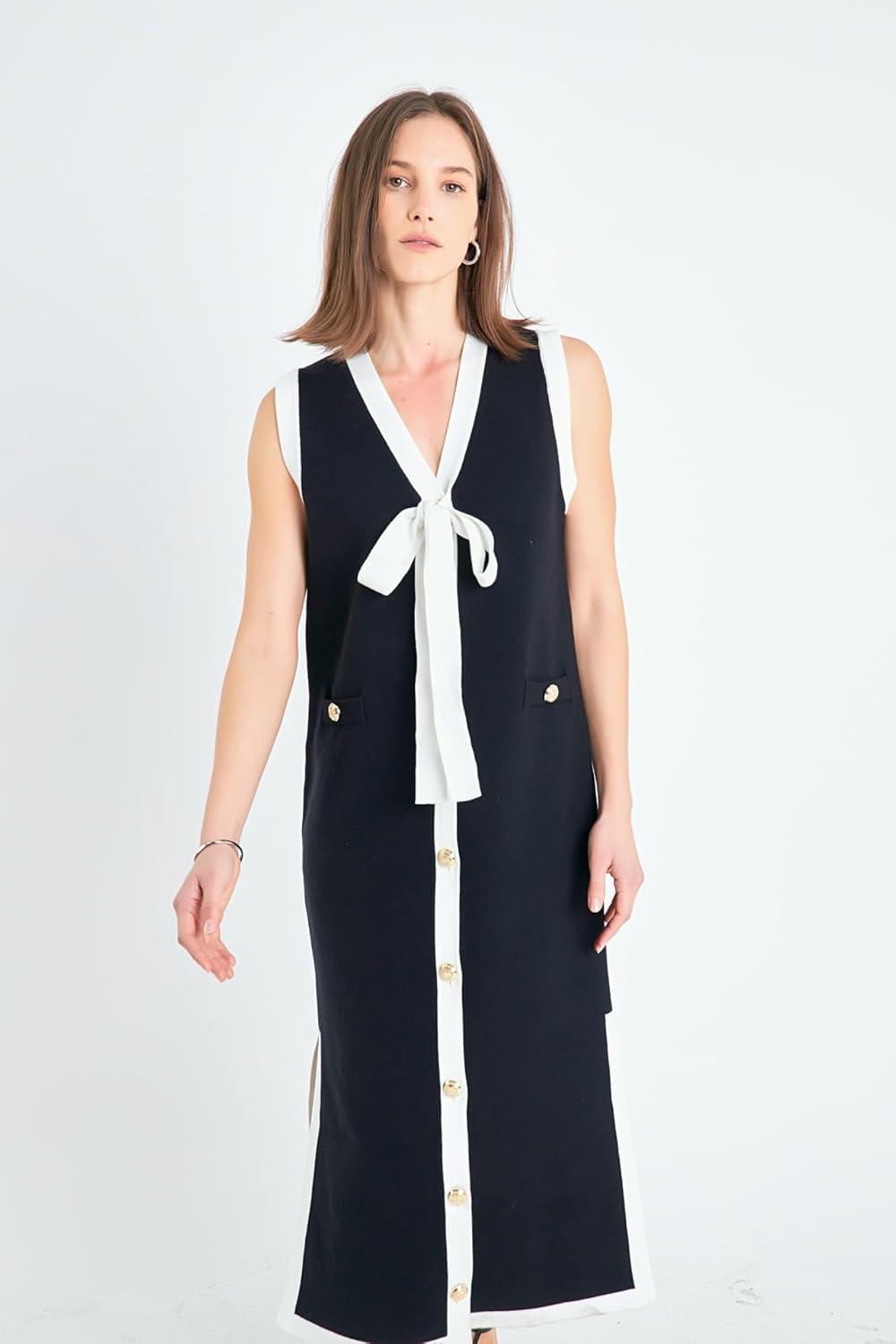 image:imageEnglish Factory Womens Knit Midi Dress with Ribbon TieBlackCream