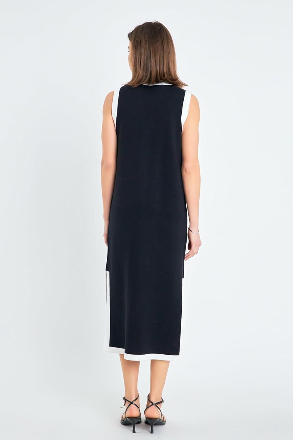 image:imageEnglish Factory Womens Knit Midi Dress with Ribbon TieBlackCream