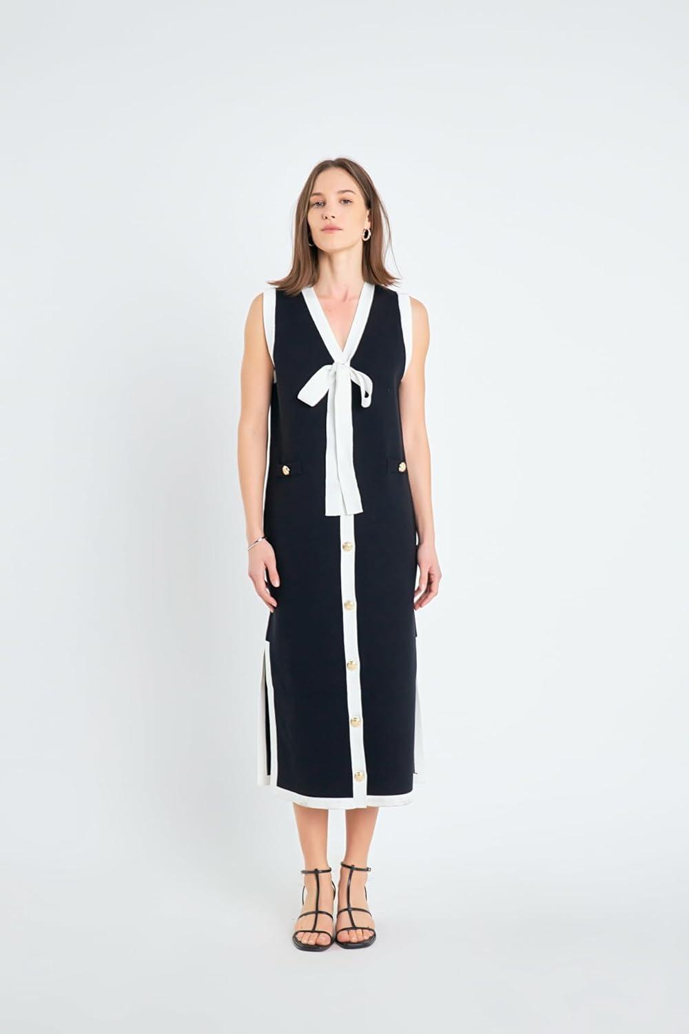 image:imageEnglish Factory Womens Knit Midi Dress with Ribbon TieBlackCream