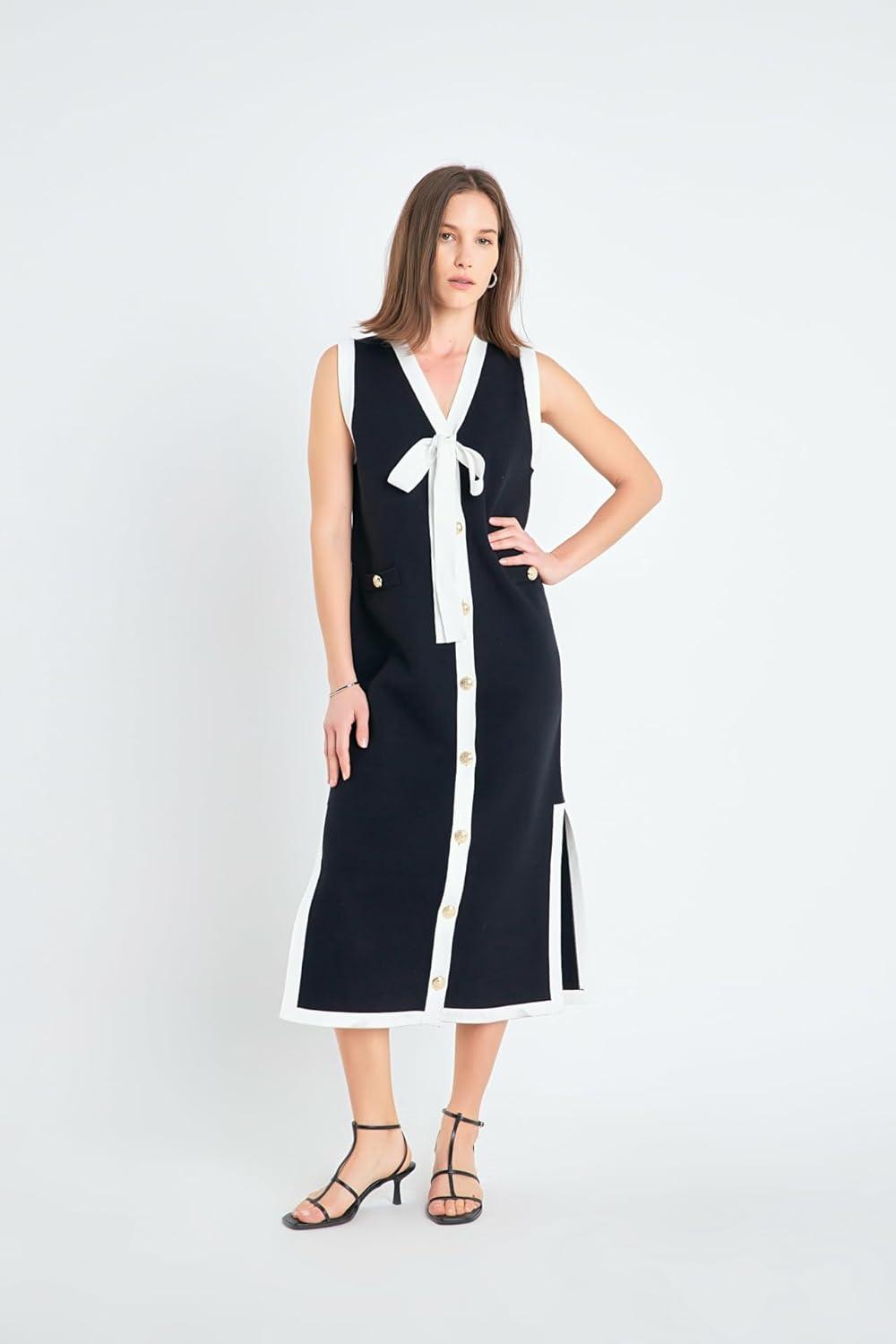 image:imageEnglish Factory Womens Knit Midi Dress with Ribbon TieBlackCream