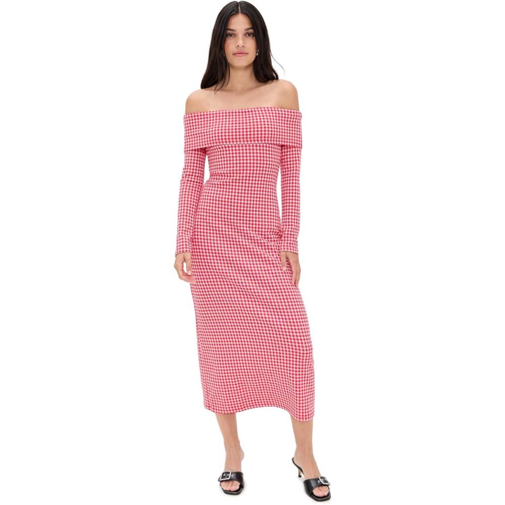 image:imageEnglish Factory Womens Gingham Off The Shoulder Midi DressRed