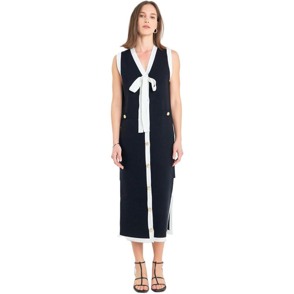 image:imageEnglish Factory Womens Knit Midi Dress with Ribbon TieBlackCream