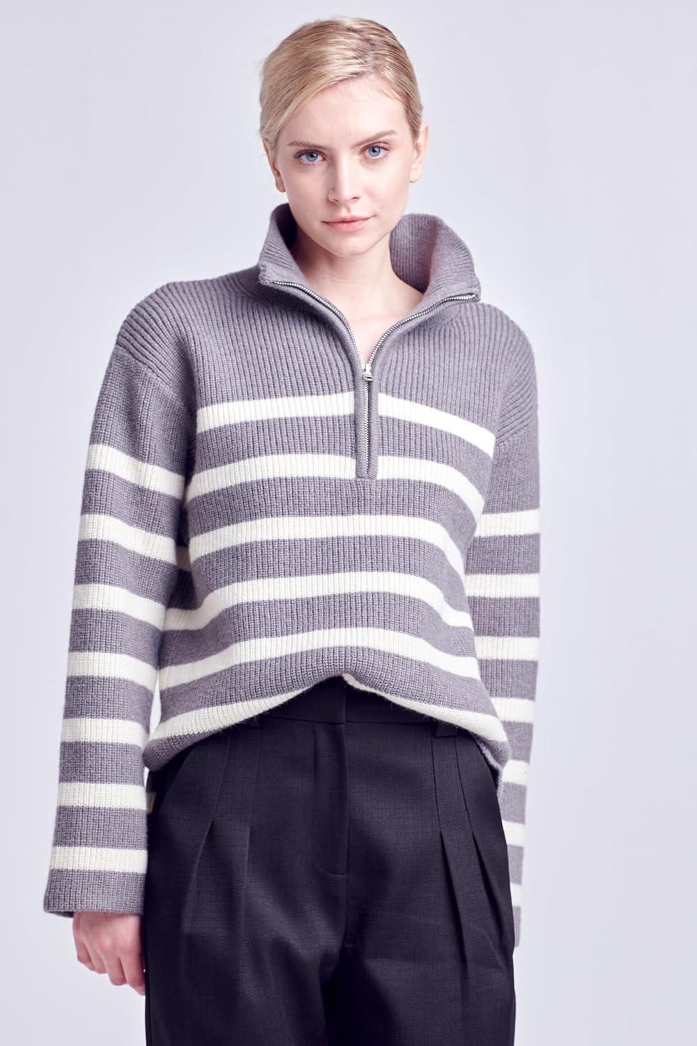 image:imageEnglish Factory Womens Striped 12Zip Sweater M Grey