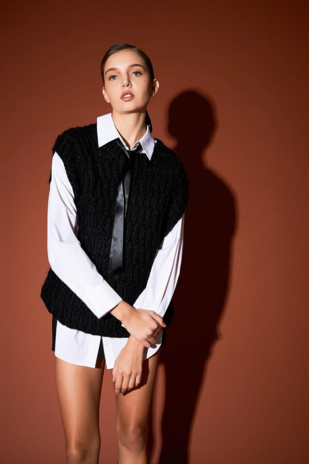 image:imageEnglish Factory Womens Chunky Knit Sweater Vest Black M