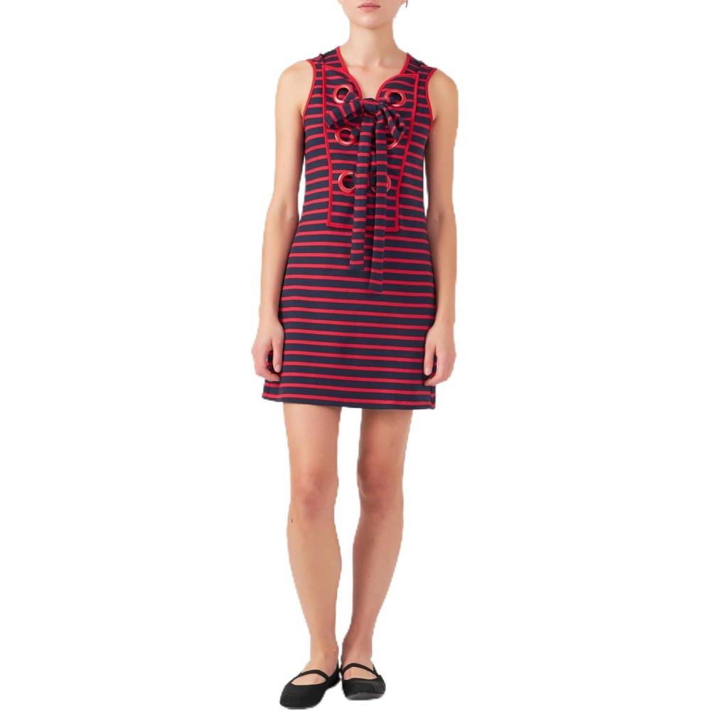 image:imageEnglish Factory Womens Striped Knit Lace Up Mini Dress NavyRed M