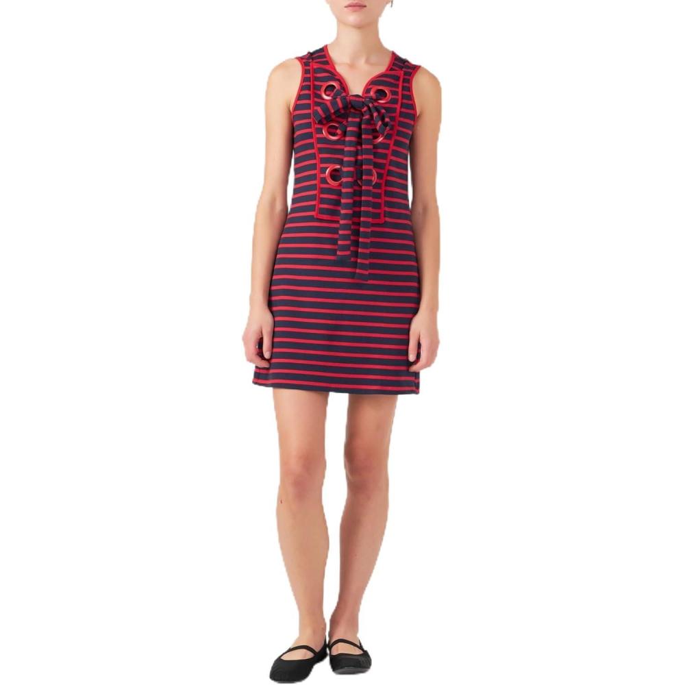 image:imageEnglish Factory Womens Striped Knit Lace Up Mini Dress NavyRed XS