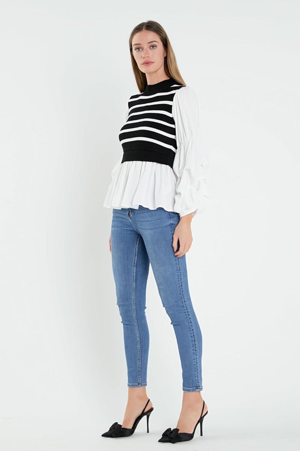 image:imageEnglish Factory Womens Mixed Media Top Black Stripe M