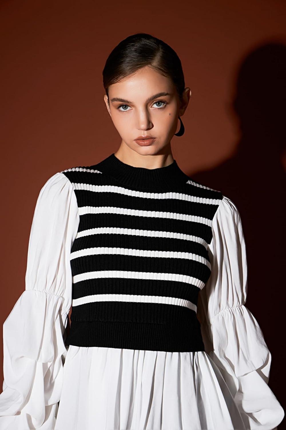 image:imageEnglish Factory Womens Mixed Media Top Black Stripe M