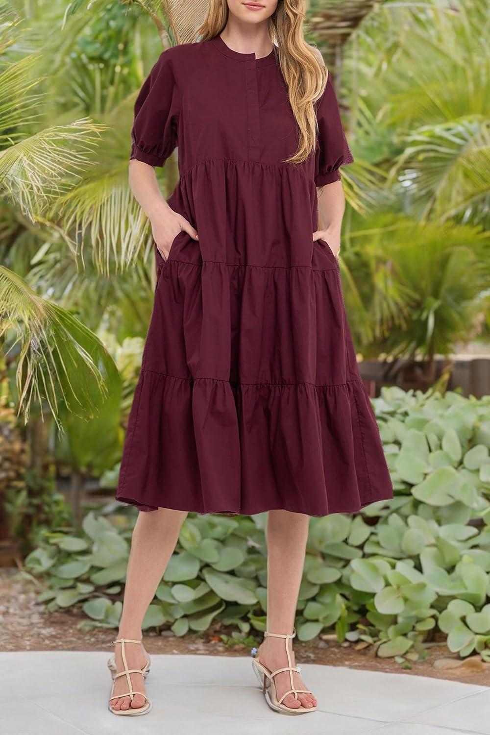 image:imageEnglish Factory Womens Short Puff Sleeve Midi DressPlum