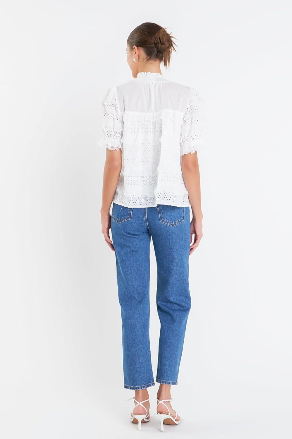 image:imageEnglish Factory Womens Short Sleeve Lace Babydoll Top Off White M