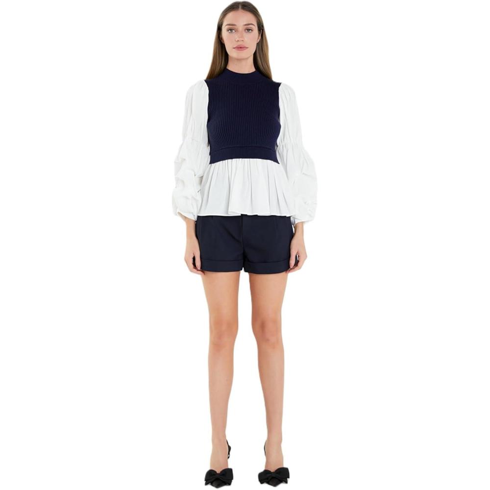 image:imageEnglish Factory Womens Mixed Media Top NavyWhite XS
