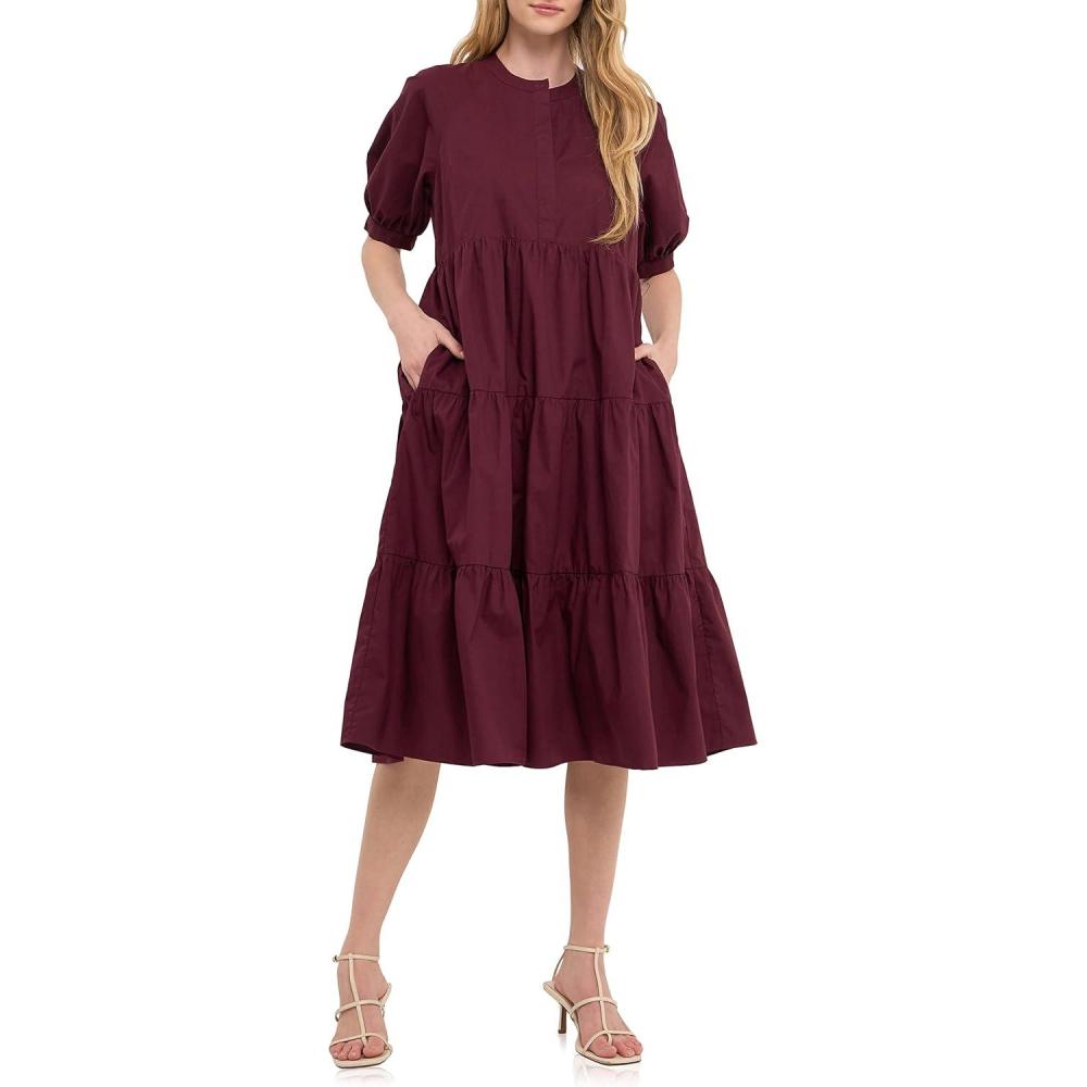 image:imageEnglish Factory Womens Short Puff Sleeve Midi DressPlum