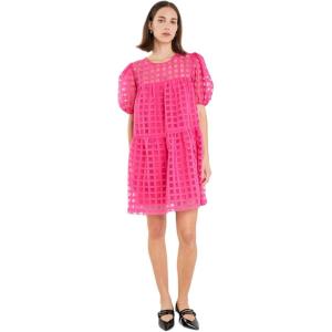 English Factory Women’s Crew Neckline Gridded Short Puff Sleeve Mini Dress, Back Zipper, Lining(Fuchsia)