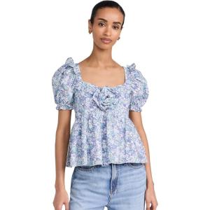 English Factory Women’s Floral Print Top with Flower(Blue Multi)