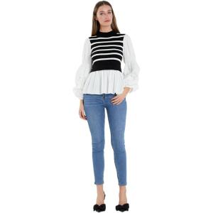 English Factory Women’s Mixed Media Top, Black Stripe, XS